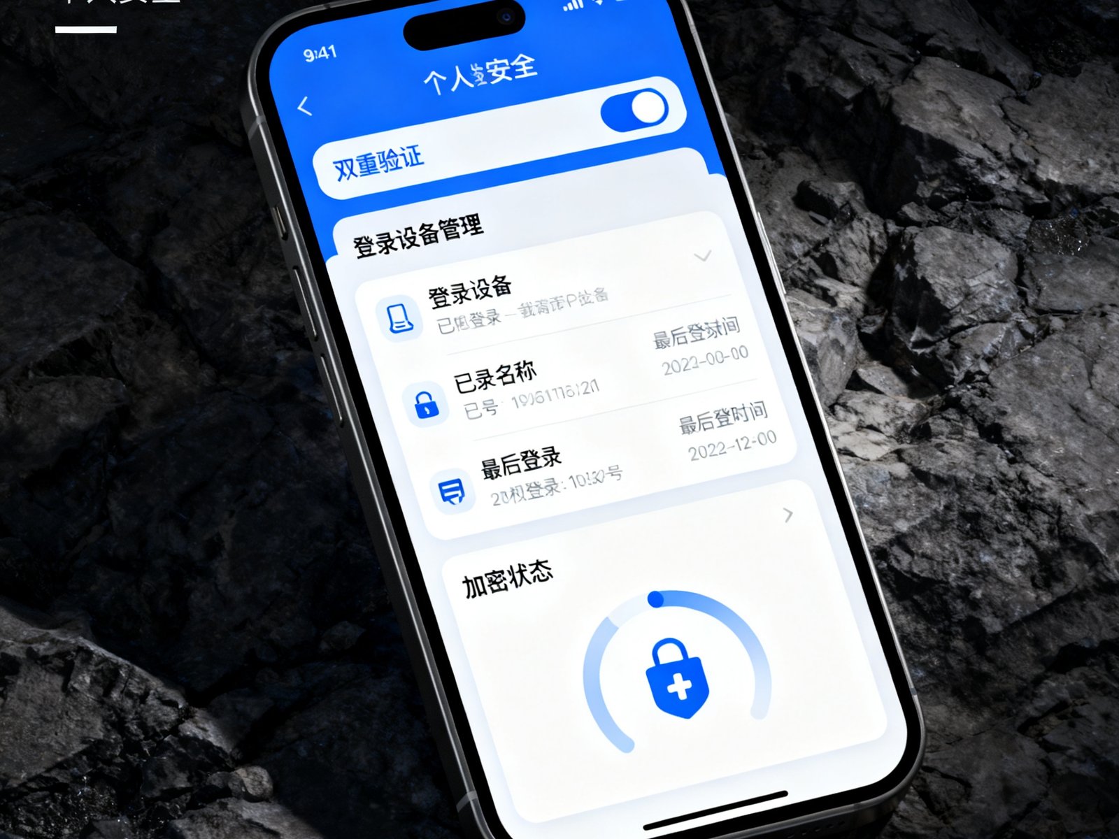 MK体育App个人安全设置页面，显示双重验证开关、登录设备管理列表和加密状态指示器